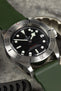 Close up of Tudor Black Bay Steel M79730-0005 with Dark Green Bonetto Centurini 317 Rubber Watch Strap 