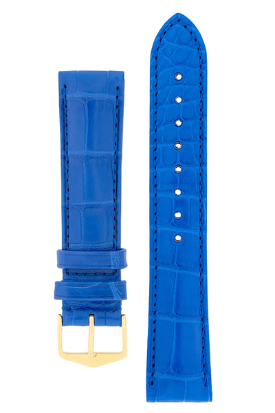 Hirsch Earl Genuine Alligator-Skin Watch Strap in Royal Blue (with Polished Gold Steel H-Tradition Buckle)