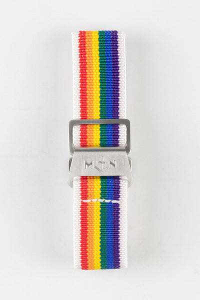 Rainbow striped one-piece watch strap with Erikas Originals MN Logo stamped on the brushed steel buckle