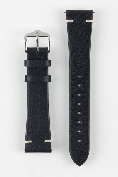 The topside of a Hirsch Bagnore black two-stitch vintage leather watch strap.