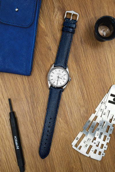 Hirsch Rainbow Lizard-Embossed Leather Watch Strap in Blue (Promo Photo)