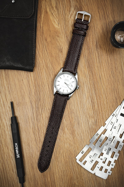 Hirsch Rainbow Lizard-Embossed Leather Watch Strap in Brown (Promo Photo)