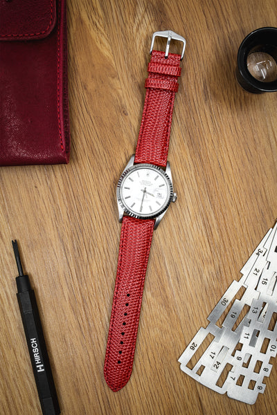 Hirsch Rainbow Lizard-Embossed Leather Watch Strap in Red (Promo Photo)
