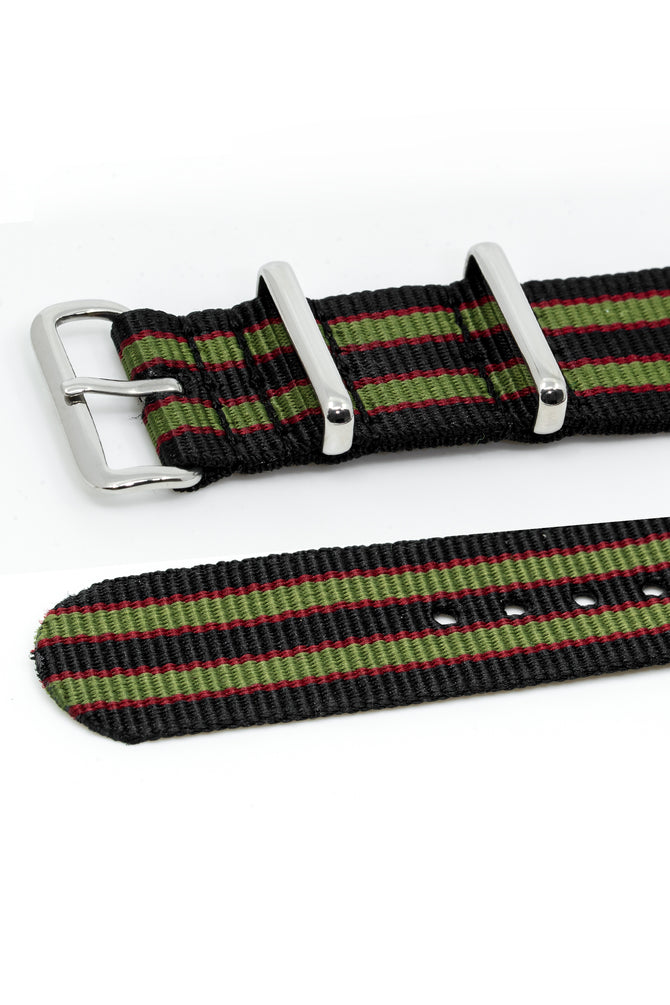 One-Piece Watch Strap in BLACK/OLIVE/RED with Polished Buckle and Keepers