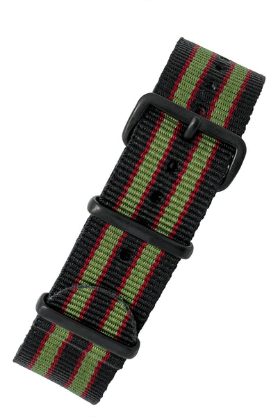 One-Piece Watch Strap in BLACK/OLIVE/RED with PVD Buckle and Keepers