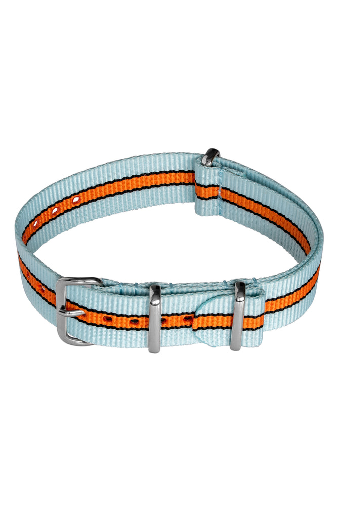 One-Piece Watch Strap in PALE BLUE / ORANGE Motorsport Stripes with Polished Buckle & Keepers