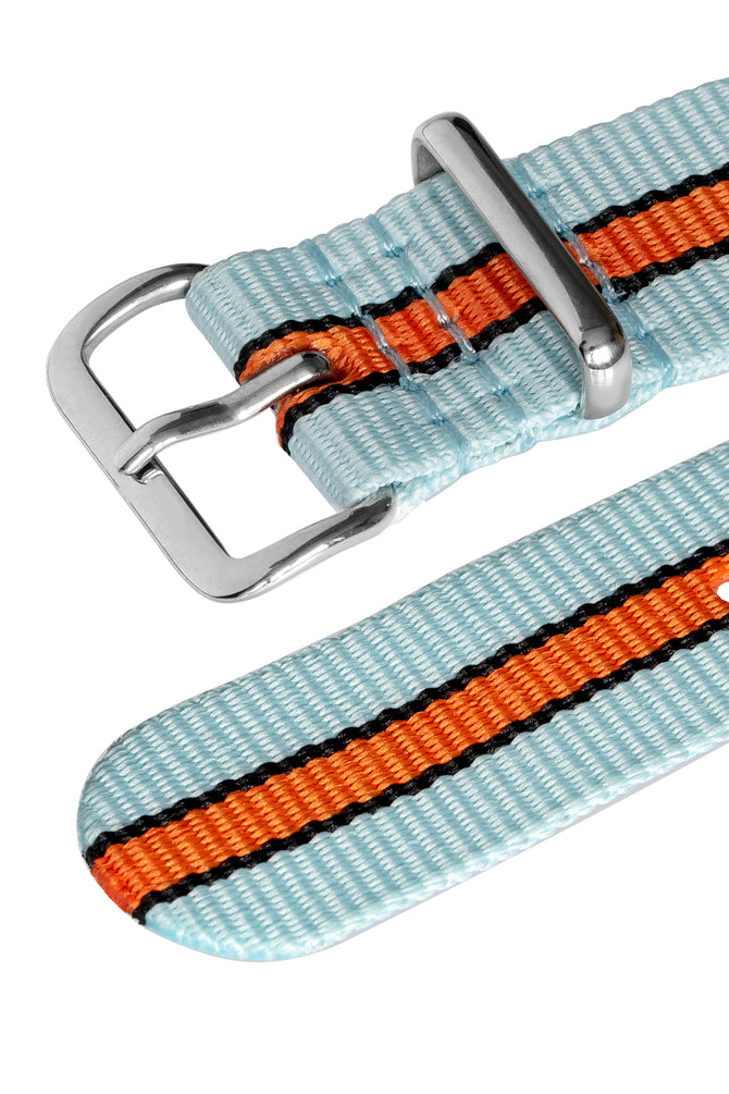 One-Piece Watch Strap in PALE BLUE / ORANGE Motorsport Stripes with Polished Buckle & Keepers