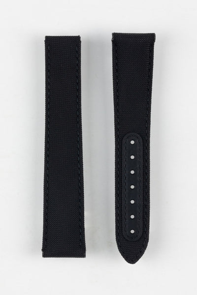 Image Showing Topside of Omega Cordura Fabric Watch Strap in Black, the strap has 20mm lug widths and a patch over the tang holes for strength and durability. The Product Code is CWZ014117.