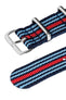One-Piece Watch Strap in BLUE / RED Motorsport Stripes with Polished Buckle & Keepers