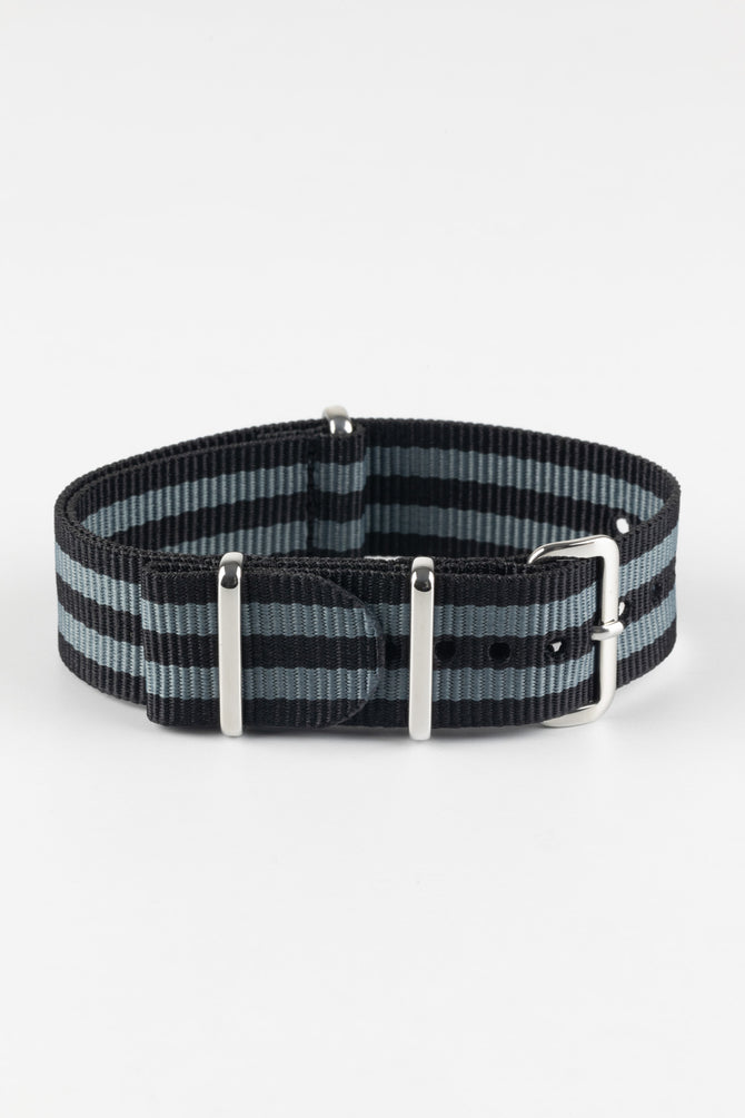 One-Piece Watch Strap in BLACK / GREY Stripes with Polished Buckle & Keepers