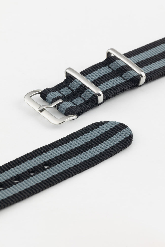 One-Piece Watch Strap in BLACK / GREY Stripes with Polished Buckle & Keepers