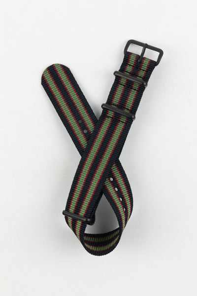 One-Piece Watch Strap in BLACK/OLIVE/RED with PVD Buckle and Keepers