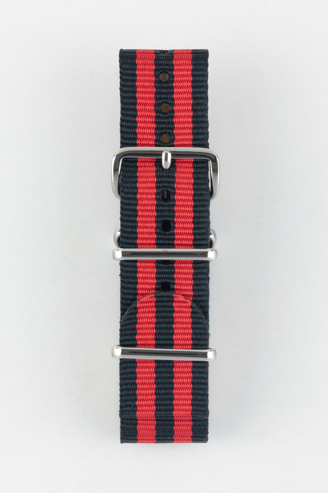 One-Piece Watch Strap in BLACK / RED Stripes with Polished Buckle & Keepers