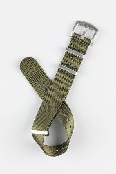 Seatbelt One-Piece Nylon Watch Strap in ARMY GREEN with BRUSHED STEEL Hardware