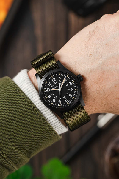 Seatbelt One-Piece Nylon Watch Strap in ARMY GREEN with BLACK PVD Hardware