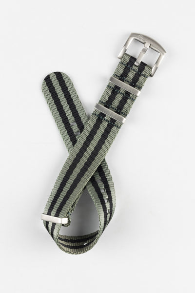 Seatbelt One-Piece Nylon Watch Strap in GREY & BLACK Stripes with BRUSHED STEEL Hardware
