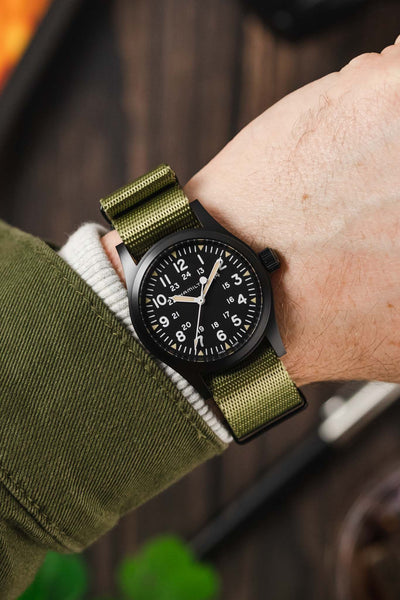Seatbelt One-Piece Nylon Watch Strap in OLIVE GREEN with BLACK PVD Hardware
