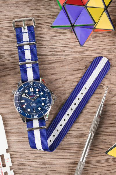 One-Piece Watch Strap in ROYAL BLUE with WHITE Stripe